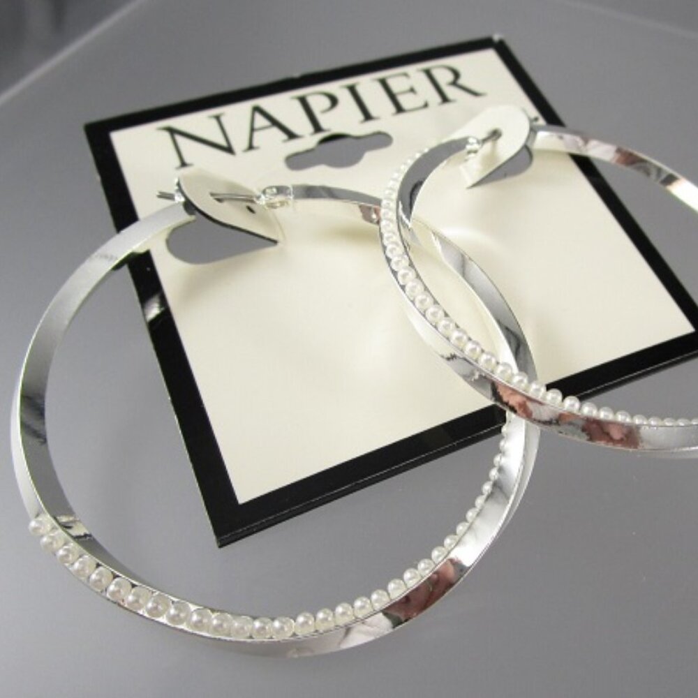 NAPIER Mod/Contemporary Twisted Silver White Pearl 1.85" Hoop Earrings**NEW! - Picture 2 of 3